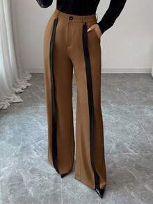 Elenzga Women's Khaki And Black Straight-Leg Pants With Pockets And Zipper, Suitable For Autumn/Winter Outfits, Halloween, Christmas, Saudi National Day, New Year's Party, Graduation Ceremony, Wedding, Role-Playing, Formal Teacher Attire, Mature Elegant, OL Workplace Commute, Business Casual Office - Brown - View 8