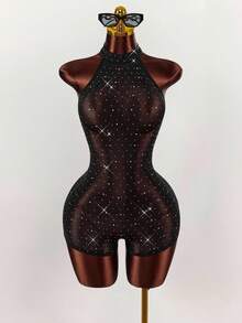 Y2K Amplova Christmas New Year Thanksgiving Party Black Elegant Women's Rhinestone Studded Bodysuit, Backless Sexy Halter Neck, Suitable For Party, Autumn/Winter, Christmas Party Bodysuit Romper Mesh Bodysuit Rhinestone Bodysuit - Black - View 3