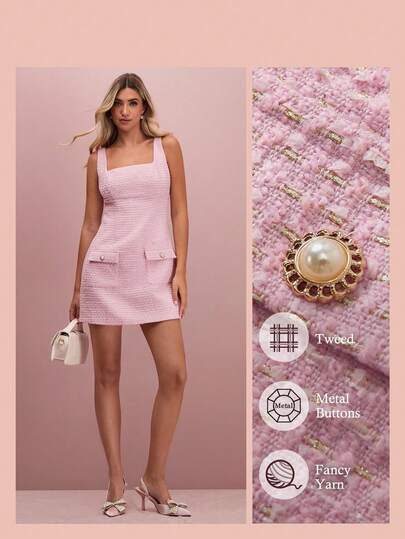 Enchnt 女式纯色方领实用口袋无袖优雅连衣裙