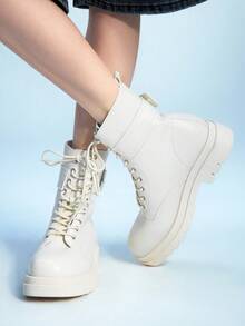Sugerpunk Gothic Round Toe Buckle Design Chunky Heel PU Leather Punk Boots, Suitable For Party, Daily Wear, And Collegiate Style - Beige - View 4