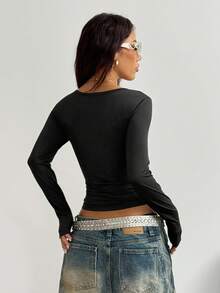 StreetHx Women's Black U-Neck Fitted Comfortable Silver Letter Print Punk Rock Y2K Baddie Casual Streetwear College 2000s Style Long Sleeve T-Shirt - Black - View 3