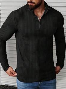 Manfinity CasualCool 男士休闲纯色半拉链长袖 T 恤，Old Money，秋季 - 黑色 - 查看 6