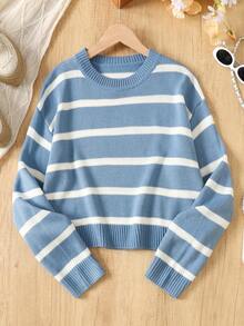 SHEIN Teen Girls' Casual Loose Fit Colorblock Striped Crew Neck Pullover Sweater
