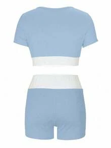 INAWLY Set áo crop top và quần short ngắn tay màu khối cho nữ cho mùa xuân hè - Màu xanh lam - Xem 2