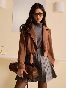 Bluhae Áo khoác nữ tay ngắn chất liệu da lộn, dáng ôm, có túi, cài khóa kéo, dáng suông, thoải mái, thanh lịch, đi làm hàng ngày, dự tiệc, dạo phố, thu đông - Màu Khaki - Xem 5