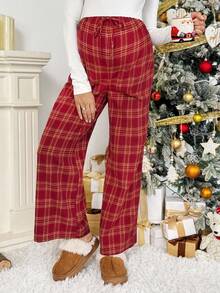 SHEIN Christmas Autumn And Winter Maternity Casual Plaid Straight Leg Pants, Autumn/Winter Plaid Pants Red Plaid Pants Pajama Pants Wide Leg Pants Checkered Pants - Red - View 6
