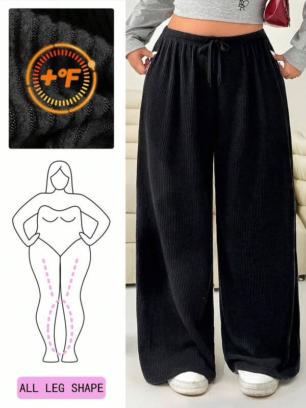 Solflare Plus Size Women's Casual Solid Color Wide Leg Pants, Autumn/Winter,Fall,Warm