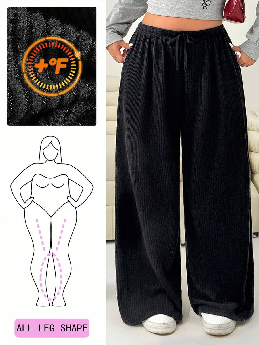 Solflare Plus Size Women's Casual Solid Color Wide Leg Pants, Autumn/Winter,Fall,Warm