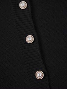 Franclia 女士优雅时尚简约百搭圆领荷叶边下摆腰部修身开衫毛衣，秋冬 - 黑色 - 查看 6