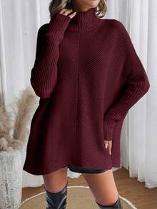 Louniche Women's Casual Solid Color Turtleneck Batwing Long Sleeve Loose Sweater, Autumn/Winter - Burgundy - View 5