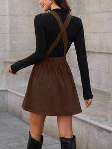 SHEIN LUNE 女式纯色交叉后背休闲吊带连衣裙，秋季 - 咖啡 - 查看 2