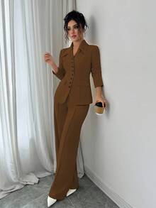 Elenzga 女士杏色厚面料 V 领西装外套设计黑色撞色纽扣假口袋教师制服优雅职业装，感恩节万圣节氛围，秋季新品百搭时尚套装，长袖宽松直筒裤两件套西装 - 咖啡棕 - 查看 3