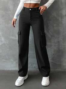 RueChic 100%Cotton Solid Flap Pocket Cargo Jeans - Black - View 4