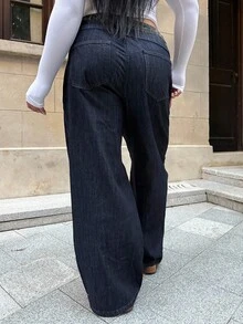 Dazy Plus Quần jean denim ống rộng màu tối, dáng rộng, dáng rộng cho nữ cỡ lớn, cạp chun họa tiết da báo, phù hợp cho mọi mùa - Rửa tối - Xem 2