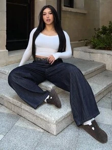 Dazy Plus Quần jean denim ống rộng màu tối, dáng rộng, dáng rộng cho nữ cỡ lớn, cạp chun họa tiết da báo, phù hợp cho mọi mùa - Rửa tối - Xem 7