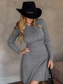 女式修身长袖毛衣迷你连衣裙 - 灰色 - 查看 5