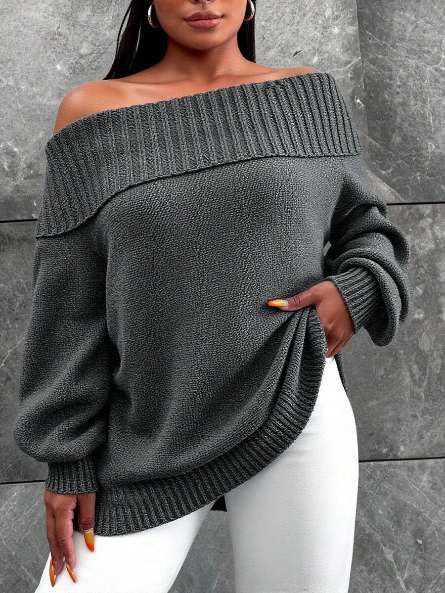 EURMUSE 大尺碼純色露肩毛衣 - 深灰色 - 查看 1
