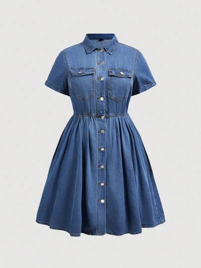 SHEIN MOD Plus Size Summer Casual Front Button Waist Denim Dress Spring To Summer Valentine's Day Carnival Costume Commuting Vacation Graduation Chic Y2k Cute Streetwear Party Wedding Elegant Business Casual Woman Plus Size Women's Denim Short Sleeve A-Line Midi Dress With Button Front And Shirred Waist Blue Valentine's Outfit Short Sleeve Denim Dress Waist-Cinched Dress