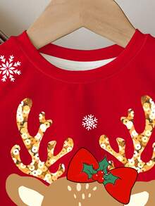 SHEIN Camiseta de manga corta con cuello redondo minimalista casual para niña con diseño lindo de reno navideño, adecuada para el verano y la Navidad