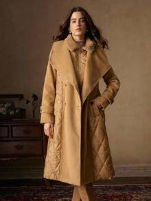 Anewsta 女士秋冬中长款翻领腰带收腰双排扣优质羊毛面料拼布菱形图案棉服大衣