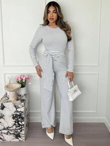 Xyvia Macacão longo feminino, listrado, justo, com cintura fina e dupla face, elegante e confortável para festas e uso diário, outono/inverno