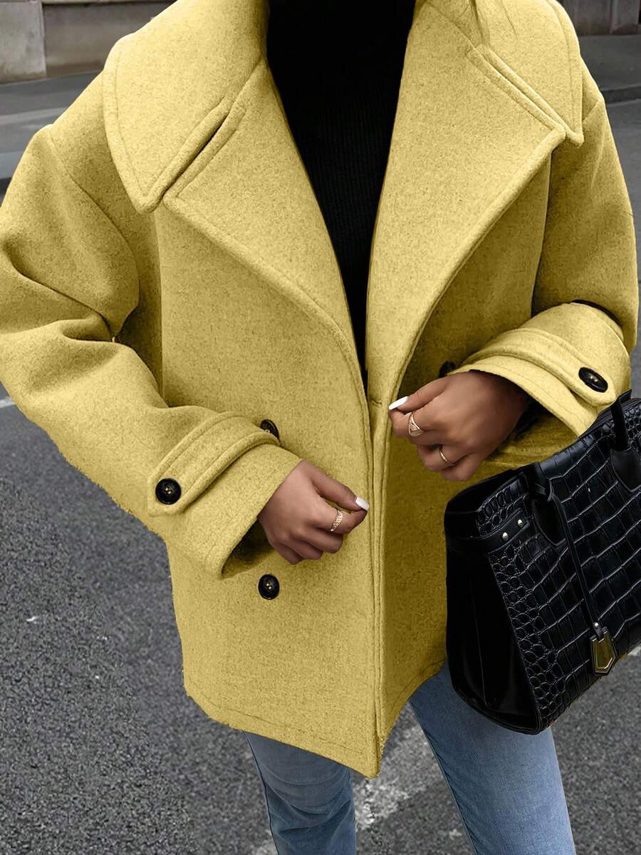 EMERY ROSE 女士纯色长袖双排扣休闲宽松大衣，秋冬款