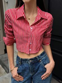 SHEIN Unity 女式条纹长袖单排扣休闲/工作衬衫 - 紅色 - 查看 5