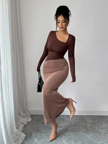 SHEIN Elenzya 优雅复古光泽垂坠高弹力面料时尚不对称肩部荷叶边拼接修身荷叶边下摆迷你 A 字连衣裙，适合秋冬季 - 棕色 - 查看 4