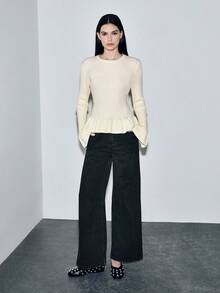 SHEIN Luminelle 杏色针织套衫，女式，喇叭形荷叶边下摆，喇叭形长袖，圆领，常规长度，纯色派对风格喇叭袖毛衣上衣，女式毛衣，冬季女式毛衣 - 杏色 - 查看 6