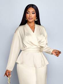 SOLERSUN Ensemble femme grande taille, couleur unie, élégant, col V, manches longues, satin, ourlet asymétrique chemise et pantalon droit jambe large, élégant, deux pièces, décontracté, ample, polyvalent pour tous les jours