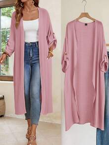 EMERY ROSE Plus Size Casual Solid Color Long Jacket/Winter - Pink - View 6