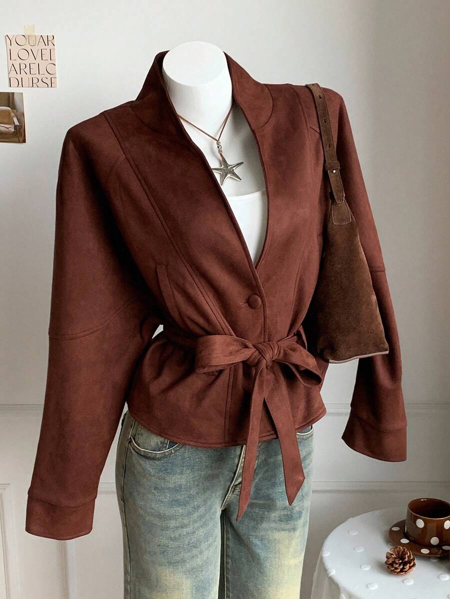 Comfortcana Women's Solid Color Waist Belt Casual Long Sleeve Regular Jacket Brown Blazer Women Brown Blouses Brown Jacket Coffee Brown Top Autumn Winter Clothes For Women - Brown - View 1