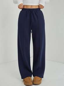 SHEIN PETITE Women's Fall Pebble Detail Straight-Leg Sweatpants,Fall,Fall Clothes For Women - Navy Blue - View 6