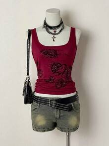 EgrlEra Women's Khaki Y2K Rhinestone Decor Black Pattern Print Streetwear Slim Fit Comfortable Punk Rock Casual Camisole - Red - View 1