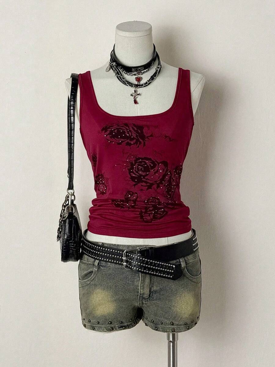 EgrlEra Women's Khaki Y2K Rhinestone Decor Black Pattern Print Streetwear Slim Fit Comfortable Punk Rock Casual Camisole - Red - View 1