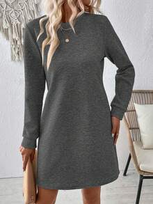 SHEIN LUNE Váy dài tay màu trơn đơn giản thường ngày - Màu xám đen - Xem 7