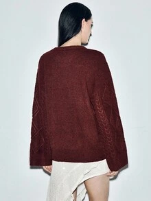 Lumivelle 2025 Autumn/Winter New Fashion Retro Loose Casual Thick Cable Knit Sweater - Burgundy - View 2