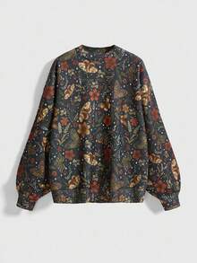 ROMWE Women's Fairycore Butterfly & Moth Floral All-Over Print Pullover Sweater - Brown - View 1