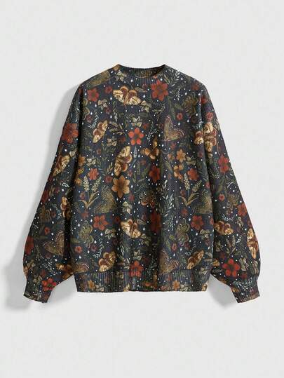 Fairycore كنزة صوفية بولوفر مطبوعة بالكامل بنقوش الفراشات والفراشات الليلية والزهور للنساء