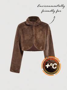 SHEIN MOD Minimalist Fashion Solid Color Faux Fur Short Stand Collar Jacket In Fall/Winter - Mocha Brown - View 1