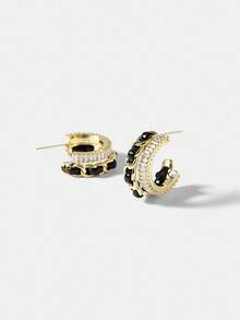 MOTF PREMIUM 2PCS BLACK DOUBLE LAYER CHAIN & ZIRCONIA STUD EARRINGS - Gold - View 9