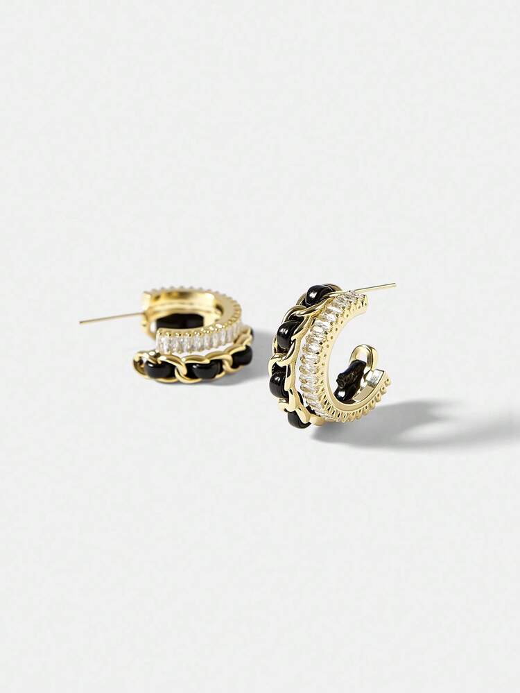 2個セット ブラック ダブルレイヤー チェーン & ジルコニアスタッドピアス