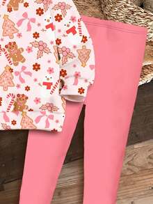 SHEIN 2 pièces/Set Jeune fille Mignon Bonhomme en pain d'épices de dessin animé, Bonhomme de neige, Ensemble de Sweat-shirt et leggings imprimés de Noël floraux, Tenue décontractée pour l'automne/l'hiver, Style de rue et vêtements d'intérieur