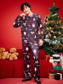 Notgurli Conjunto de pijama de talla grande para hombres con elementos navideños - Negro - Ver 4