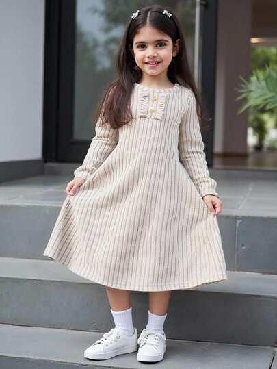 Christmas,Halloween,1pc Girls Comfortable Casual Ribbed Fitted Crew Neck Ruffle Hem Long Sleeve Knit Dress, Suitable For Autumn/Winter Daily Wear Girls Long Sleeve Maxi Dress Girls Spring Autumn Dress Tween Neutral Dress Girls French Style Dress Autumn Dress Kids