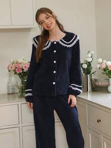 Snug Reverie Women's Peter-Pan Collar Faux Fur Patchwork Contrast Color Lace Ruffle Trim Long Sleeve Top & Pants Pajama Set, Fall/Winter Clothes, Christmas, Fluffy, Cozy - Navy Blue - View 4