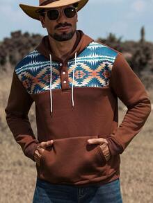 Manfinity Nomadique 男士秋季几何印花长袖口袋设计休闲抽绳连帽衫（不对称印花） - 彩色 - 查看 3