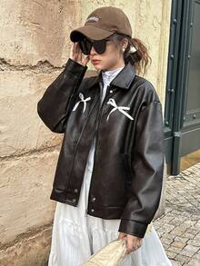 Teen Girls Casual Short Collar Color Block Commuter Jacket, Versatile - Coffee Brown - View 6