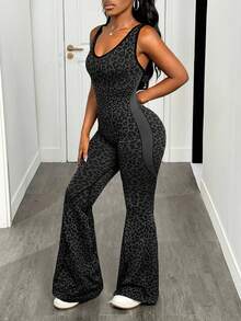 Slaydiva 1pc Leopard Print Knotted Open-Back Plunge Flare Jumpsuit - Multicolor - View 4