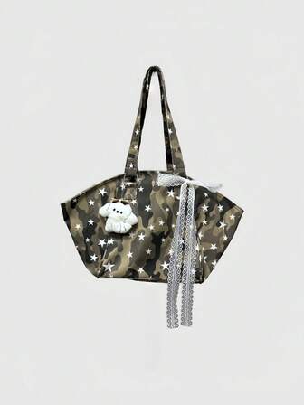 Anime Borsa a tracolla Y2K in stile mimetico con stampa a stelle e fiocco, decorazione a cucciolo, grande capacità, versatile per pendolarismo, vacanza, festa, shopping